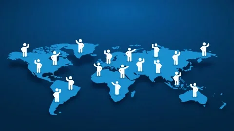 Waving characters on world map, protesting people around the world, blue moti Stock Footage 201773138
