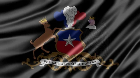 Waving coat of arms of Chile on black satin fabric texture creating smooth Stock Footage 343617784