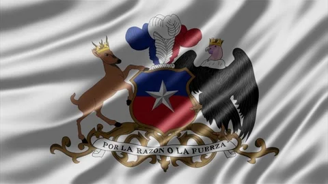 Waving coat of arms of Chile flag featuring national emblem Stockbeeldmateriaal 343617791