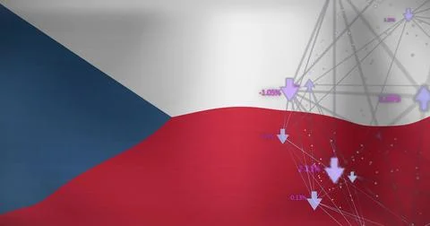 Waving Czech Republic flag on data canvas showing wireframe nodes and down Stock Illustration