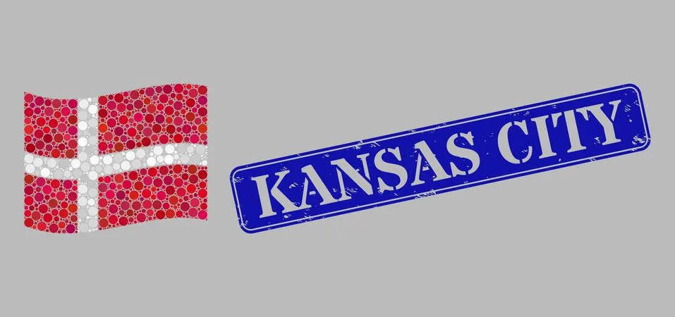 Waving Denmark Flag Composition of Circle Pixels and Grunge Kansas City Stamp Stock Illustration