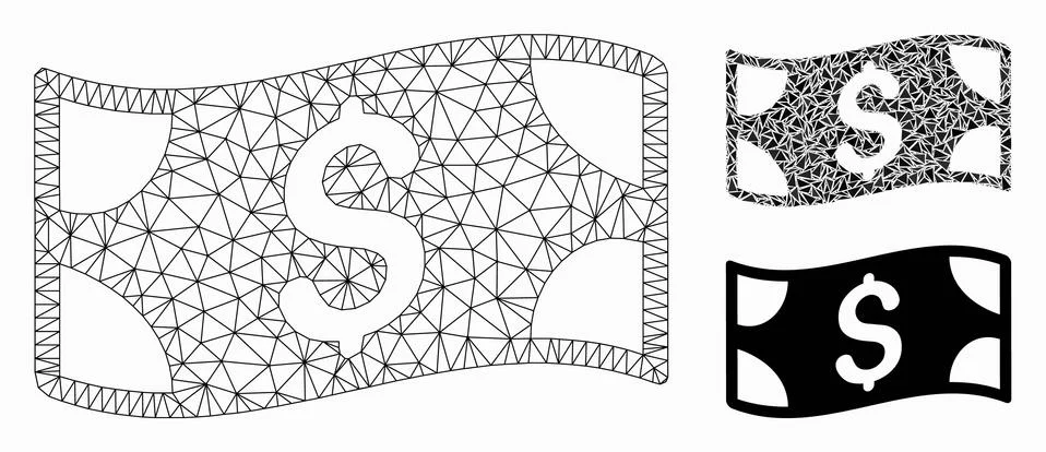 Waving Dollar Banknote Vector Mesh 2D Model and Triangle Mosaic Icon 스톡 일러스트