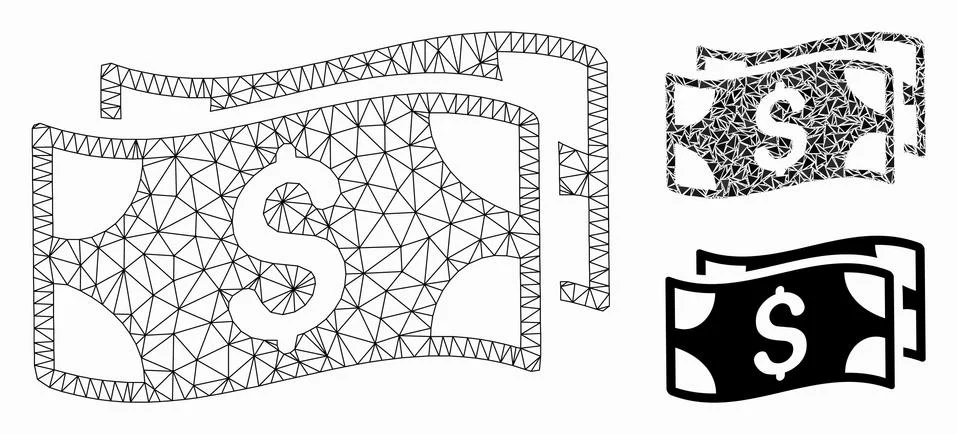 Waving Dollar Banknotes Vector Mesh Wire Frame Model and Triangle Mosaic Icon 스톡 일러스트