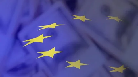 Waving EU flag turning translucent, revealing stacked US $100 bills beneath, Stock Footage 328657161