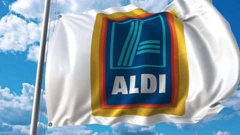 Waving flag with Aldi logo against sky and clouds. Editorial 3D rendering Stock-Illustration