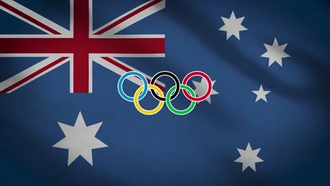 Waving flag of Australia with five-ringed symbol of the Olympic Games - Stock Footage 155093651