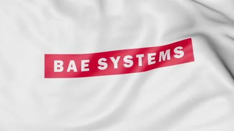 Waving flag with Bae Systems Plc logo. Editorial 3D rendering 스톡 사진