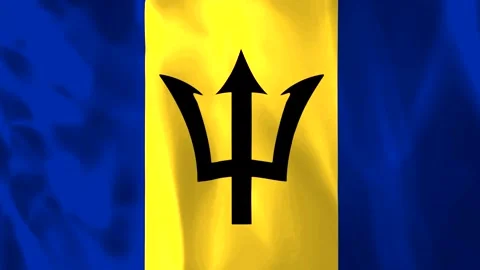 Waving flag of Barbados featuring blue and yellow vertical stripes with a b.. Video stock 343582210