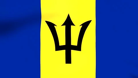 Waving flag of Barbados featuring blue and yellow vertical stripes with a b.. Stock Footage 346545894