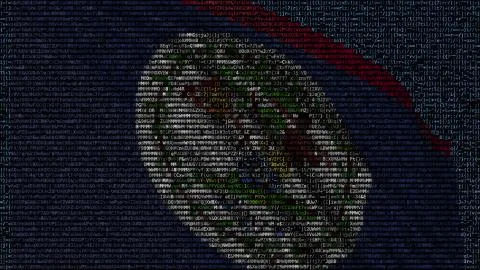Waving flag of Belize made of text symbols on a computer screen. Conceptual 3D Stock Illustration