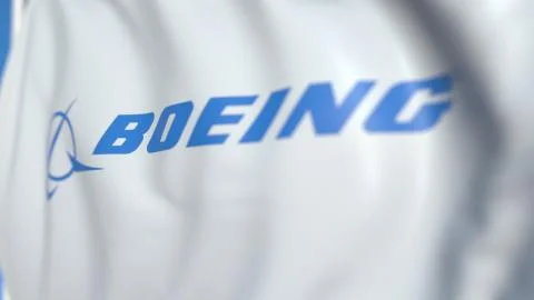 Waving flag with Boeing logo, close-up. Editorial 3D rendering Stock Illustration