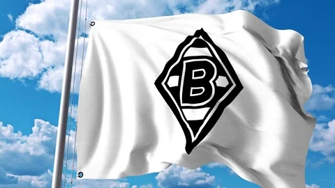 Waving flag with Borussia Monchengladbach football club logo. 4K editorial clip Stock Footage
