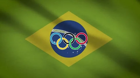 Waving flag of Brazil with five-ringed symbol of the Olympic Games - Stock Footage 155093392