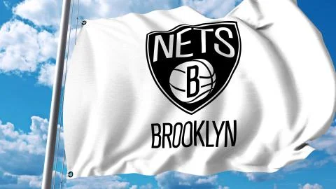 Waving flag with Brooklyn Nets professional team logo. Editorial 3D rendering Stock Illustration