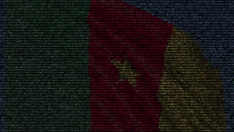 Waving flag of Cameroon made of text symbols on a computer screen. Conceptual 3D Illustrazione stock
