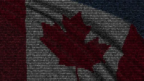 Waving flag of Canada made of text symbols on a computer screen. Conceptual 3D Illustrazione stock