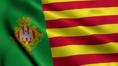 Waving Flag of Castelló de la Plana City in Spain Yellow and Red Design with Stock Footage 327904049
