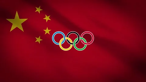 Waving flag of China with five-ringed symbol of the Olympic Games - Vídeo Stock 155093704