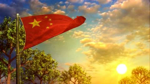 Waving flag of China at sundown for state holiday - abstract 3D illustration Stock Illustration