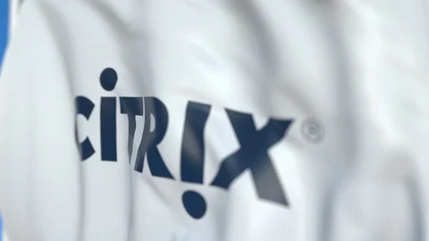 Waving flag with Citrix Systems logo, close-up. Editorial loopable 3D animation Stock Footage 115078484