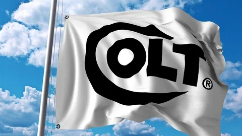 Waving flag with Colts Manufacturing Company logo. 4K editorial animation Stock Footage