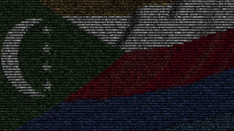 Waving flag of Comoros made of text symbols on a computer screen. Conceptual Stockbeeldmateriaal 92546806