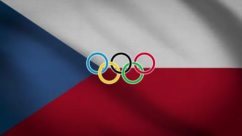 Waving flag of Czech Republic with five-ringed symbol of the Olympic Games Stock Footage 155093403