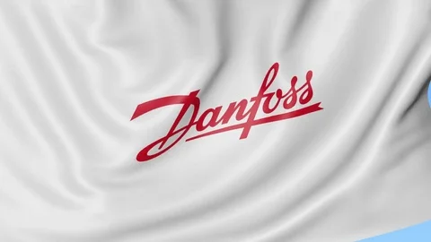 Waving flag with Danfoss Power Solutions logo. Seamles loop 4K editorial Stock Footage