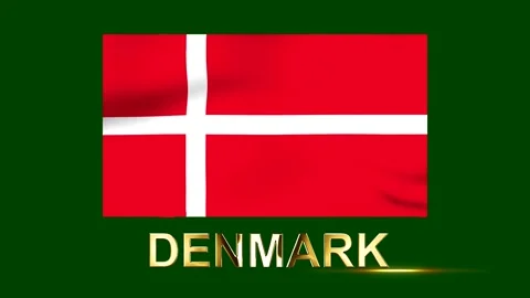 Waving flag of Denmark with golden text lettering on a green background Stock Footage 346542866