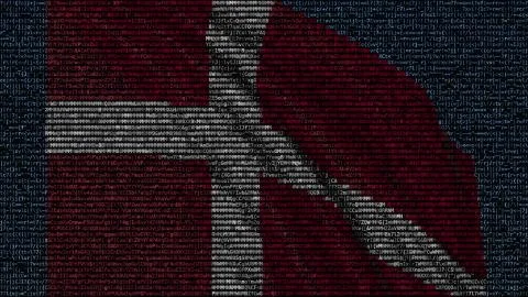 Waving flag of Denmark made of text symbols on a computer screen. Conceptual 3D 库存插图