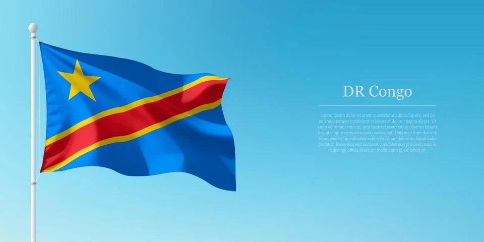 Waving Flag of DR Congo Against Clear Blue Sky Copyspace Stock Illustration