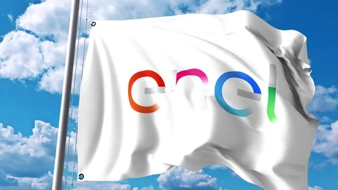 Waving flag with Enel logo against clouds and sky. 4K editorial animation Stock Footage 80434205