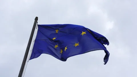 Waving flag of Europe during cloud day in some building. Stock Footage 287859982