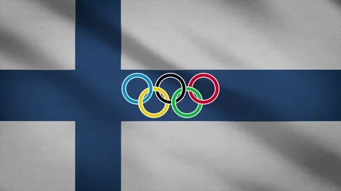 Waving flag of Finland with five-ringed symbol of the Olympic Games - Stock Footage 155093716