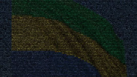 Waving flag of Gabon made of text symbols on a computer screen. Conceptual 3D Stockillustratie