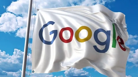 Waving flag with Google logo against moving clouds. 4K editorial animation Stock Footage 76761157