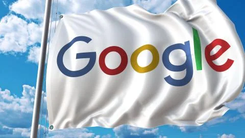 Waving flag with Google logo against sky and clouds. Editorial 3D rendering Stockillustratie