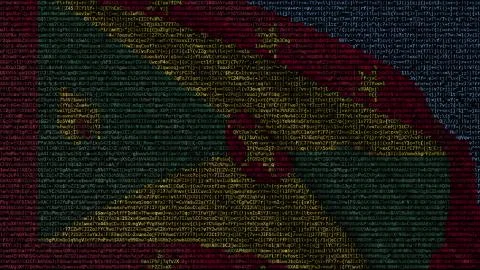 Waving flag of Grenada made of text symbols on a computer screen. Conceptual 3D 스톡 일러스트