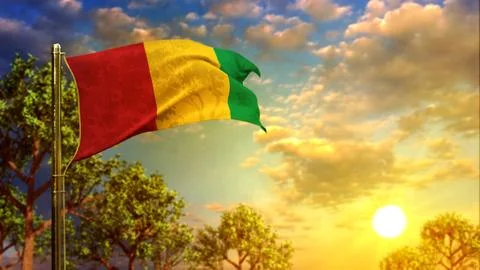 Waving flag of Guinea at sundown for state holiday - abstract 3D illustration Stock Illustration