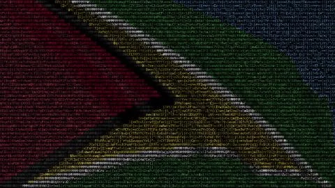 Waving flag of Guyana made of text symbols on a computer screen. Conceptual 3D 库存插图