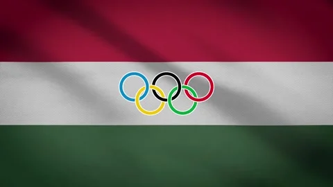 Waving flag of Hungary with five-ringed symbol of the Olympic Games - Stock Footage 155093412