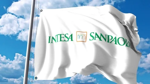 Waving flag with Intesa Sanpaolo logo against clouds and sky. 4K editorial Stock Footage