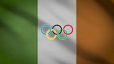 Waving flag of Ireland with five-ringed symbol of the Olympic Games - Vídeo Stock 155093786