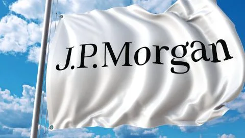 Waving flag with J.P. Morgan logo against sky and clouds. Editorial 3D rendering Stockillustratie