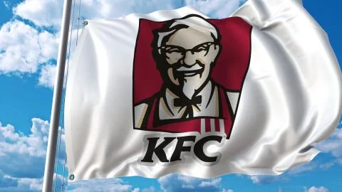 Waving flag with KFC logo against sky and clouds. Editorial 3D rendering イラスト素材