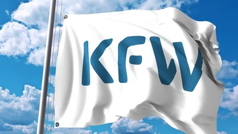 Waving flag with KfW logo against clouds and sky. 4K editorial animation Video stock 80791410