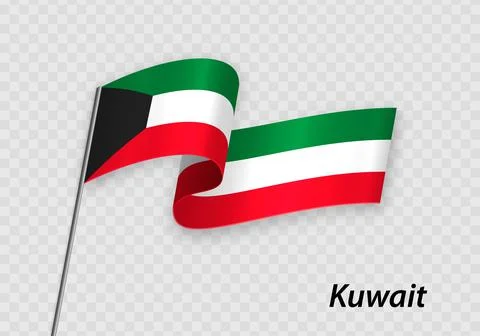 Waving flag of Kuwait on flagpole. Template for independence day Stock Illustration