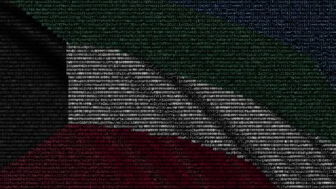 Waving flag of Kuwait made of text symbols on a computer screen. Conceptual 3D Stock Illustration