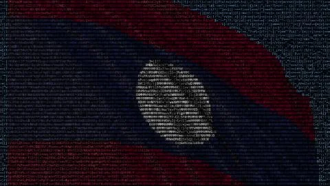 Waving flag of Laos made of text symbols on a computer screen. Conceptual 3D イラスト素材