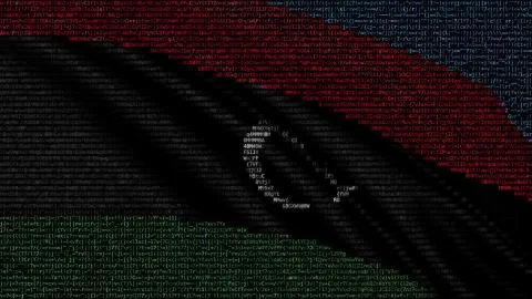 Waving flag of Libya made of text symbols on a computer screen. Conceptual 3D Stock Illustration